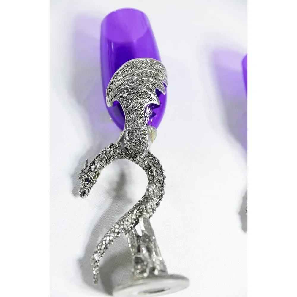 Fellowship Foundry Dragon Heart Wing Purple Glass Pewter Wedding Flutes Pair